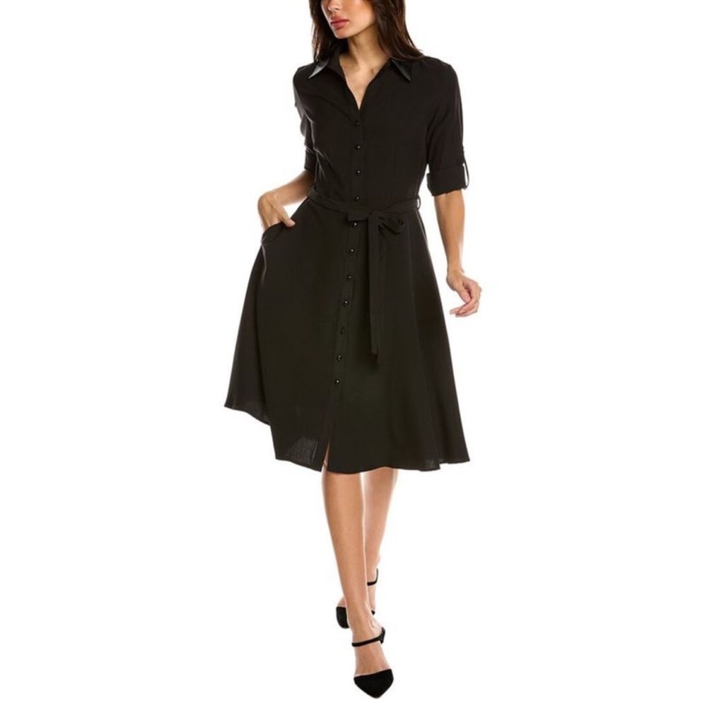 NWT Sharagano Black Faux Leather Collar Button Shirtdress with Belt - size 4
